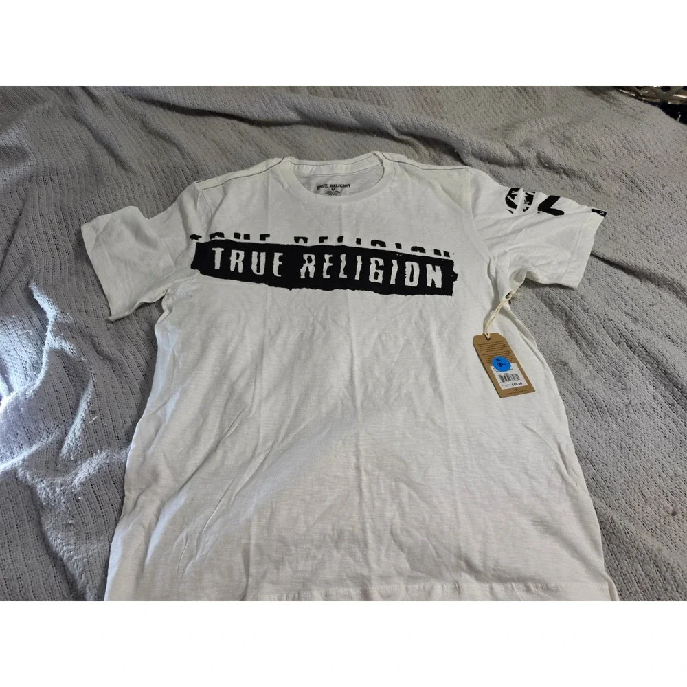 True Religion Mens Graphic Logo T-Shirt White Black 2XL Short Sleeve Slub Cotton